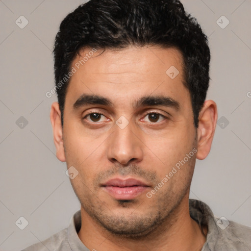 Neutral latino young-adult male with short  black hair and brown eyes