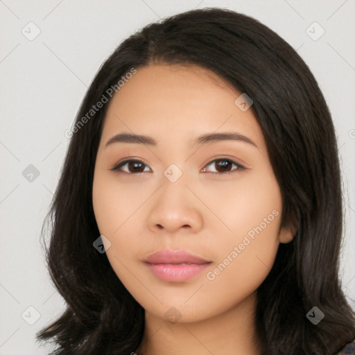 Neutral latino young-adult female with long  black hair and brown eyes