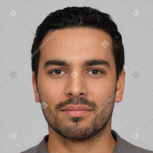 Neutral latino young-adult male with short  black hair and brown eyes