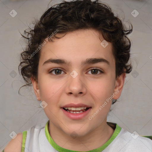 Joyful white child female with short  brown hair and brown eyes