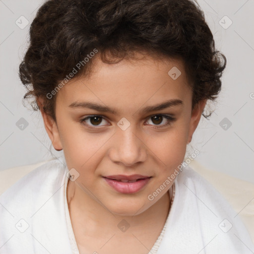 Joyful white child female with medium  brown hair and brown eyes