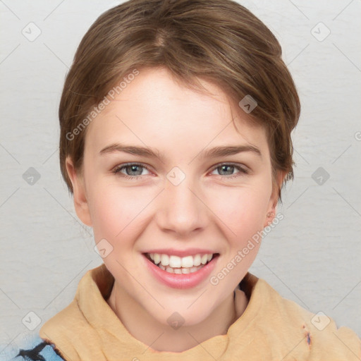 Joyful white young-adult female with medium  brown hair and blue eyes