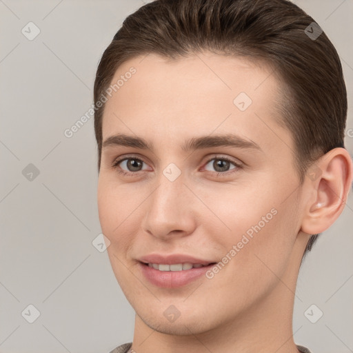 Joyful white young-adult female with short  brown hair and brown eyes