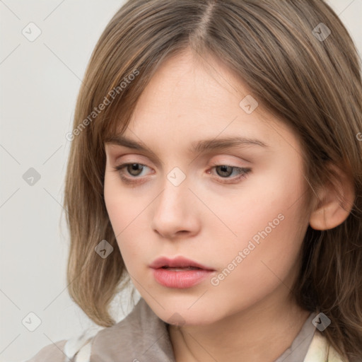 Neutral white young-adult female with medium  brown hair and grey eyes