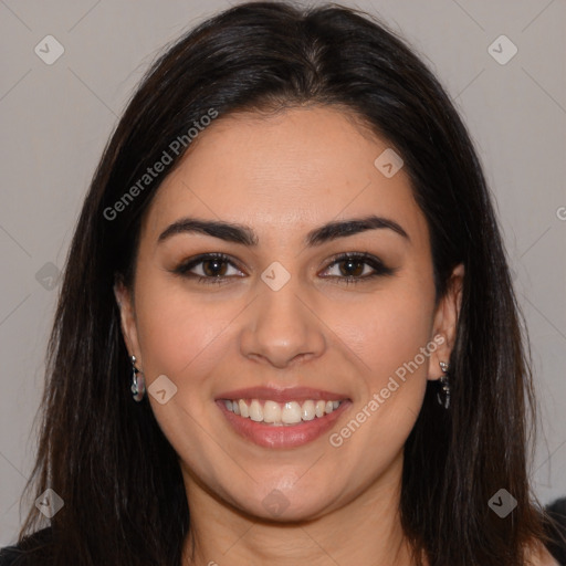 Joyful white young-adult female with long  brown hair and brown eyes