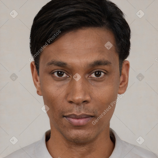 Neutral asian young-adult male with short  black hair and brown eyes