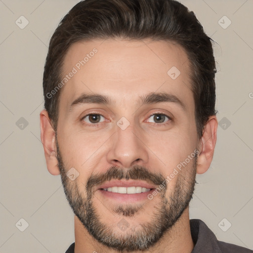 Joyful white young-adult male with short  brown hair and brown eyes