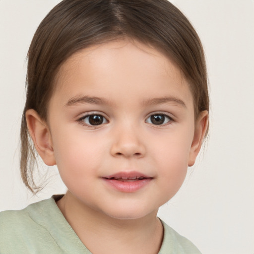 Joyful white child female with medium  brown hair and brown eyes