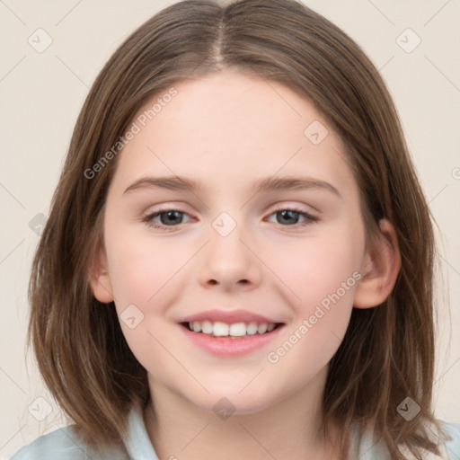 Joyful white child female with medium  brown hair and brown eyes