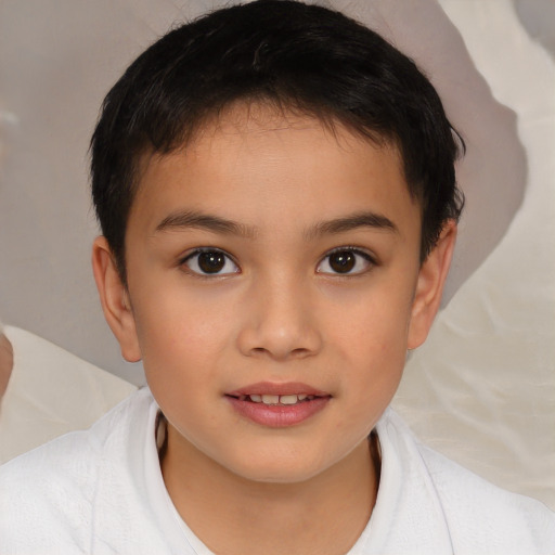 Joyful white child female with short  brown hair and brown eyes