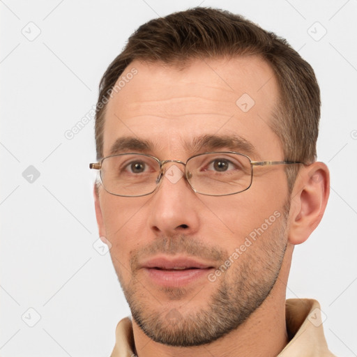 Neutral white adult male with short  brown hair and brown eyes