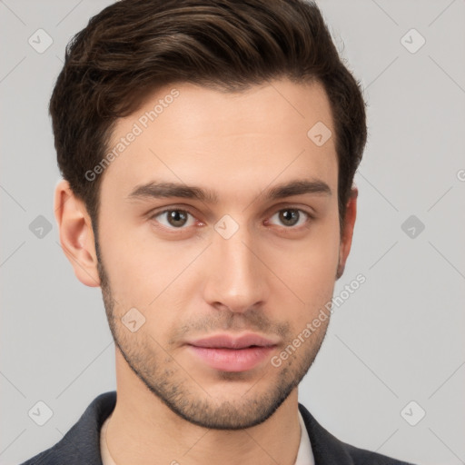 Neutral white young-adult male with short  brown hair and brown eyes