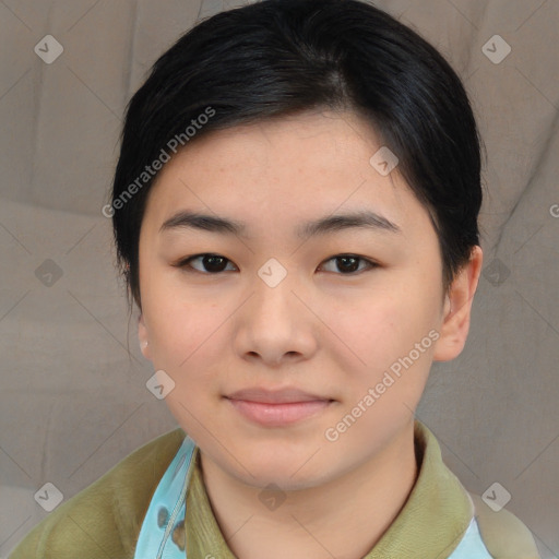 Joyful asian young-adult female with medium  black hair and brown eyes