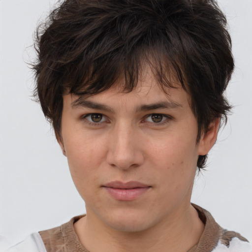 Neutral white young-adult female with short  brown hair and brown eyes