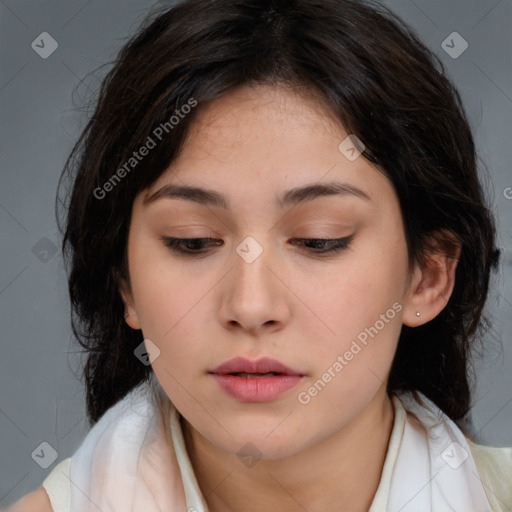 Neutral white young-adult female with medium  brown hair and brown eyes