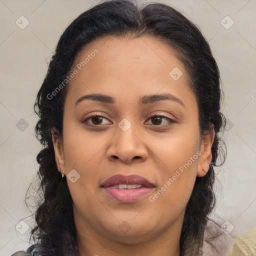 Joyful latino young-adult female with medium  brown hair and brown eyes