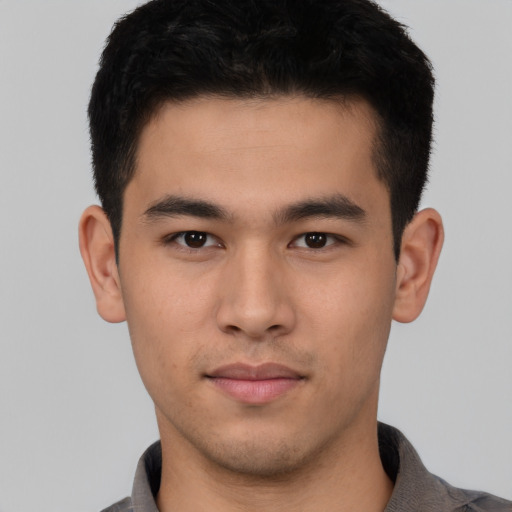 Neutral asian young-adult male with short  black hair and brown eyes