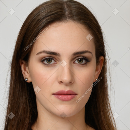 Neutral white young-adult female with long  brown hair and green eyes