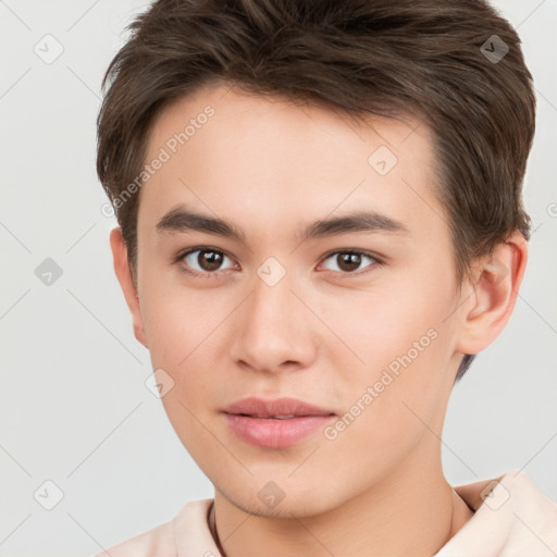 Neutral white young-adult male with short  brown hair and brown eyes