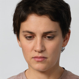 Neutral white young-adult female with short  brown hair and brown eyes