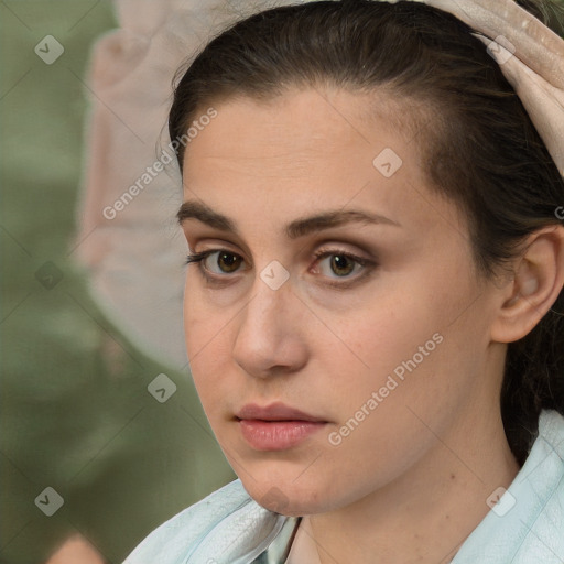 Neutral white young-adult female with short  brown hair and brown eyes