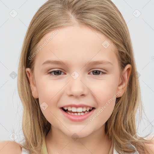 Joyful white child female with medium  brown hair and brown eyes