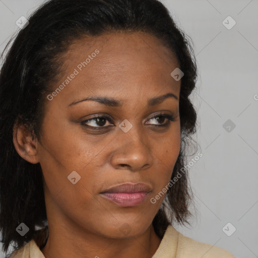 Neutral black young-adult female with medium  brown hair and brown eyes