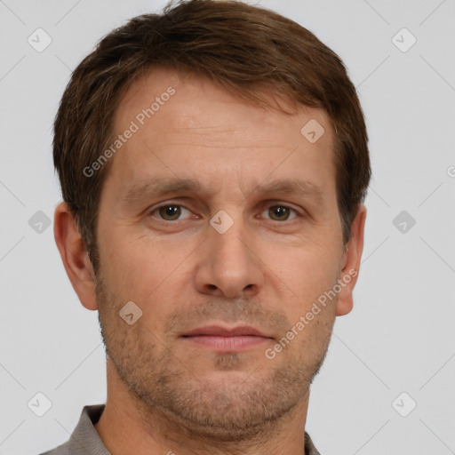 Neutral white adult male with short  brown hair and brown eyes