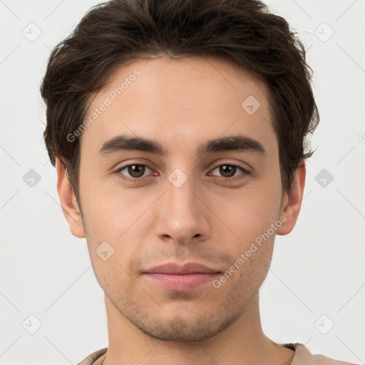 Neutral white young-adult male with short  brown hair and brown eyes