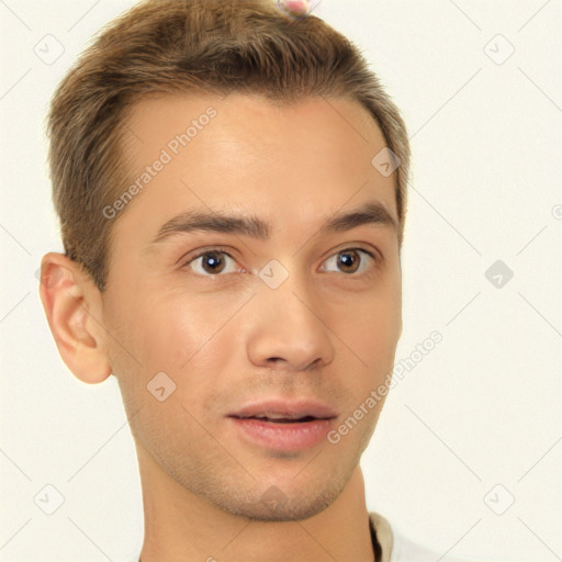 Neutral white young-adult male with short  brown hair and brown eyes