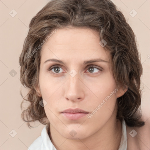 Neutral white young-adult female with medium  brown hair and grey eyes