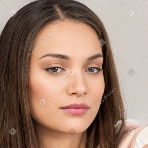 Neutral white young-adult female with long  brown hair and brown eyes