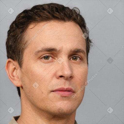 Neutral white adult male with short  brown hair and brown eyes