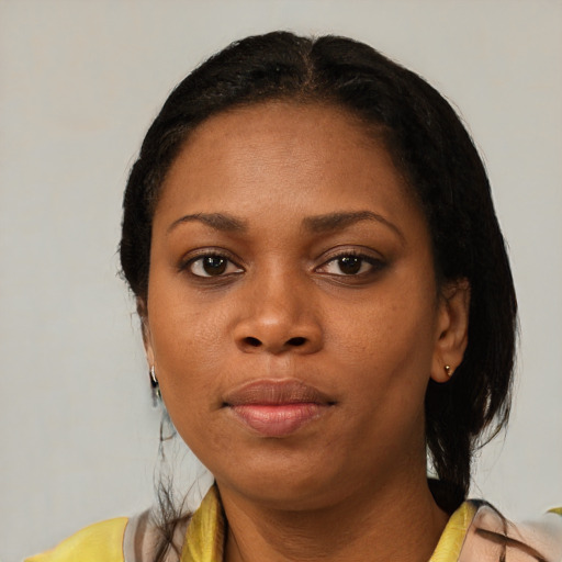 Neutral black young-adult female with medium  black hair and brown eyes