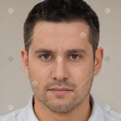 Neutral white young-adult male with short  brown hair and brown eyes