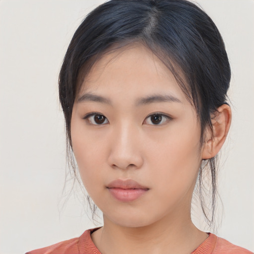 Neutral asian young-adult female with medium  black hair and brown eyes