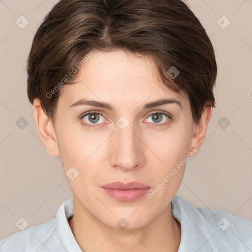 Neutral white young-adult female with short  brown hair and brown eyes