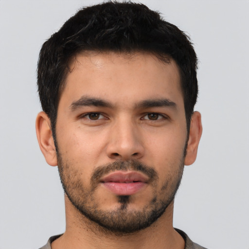 Neutral asian young-adult male with short  black hair and brown eyes
