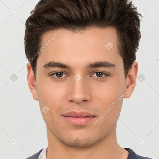 Neutral white young-adult male with short  brown hair and brown eyes