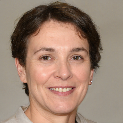 Joyful white adult female with medium  brown hair and brown eyes