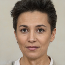 Joyful white adult female with short  brown hair and brown eyes