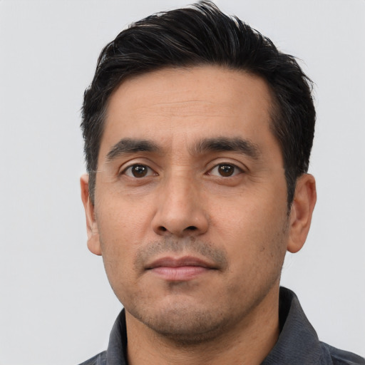 Neutral white young-adult male with short  black hair and brown eyes