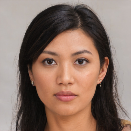 Neutral asian young-adult female with long  brown hair and brown eyes
