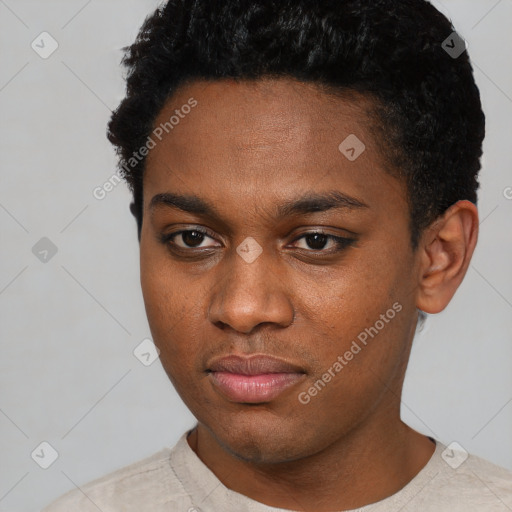 Neutral black young-adult male with short  black hair and brown eyes