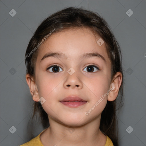 Joyful white child female with medium  brown hair and brown eyes