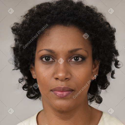 Neutral black young-adult female with short  black hair and brown eyes