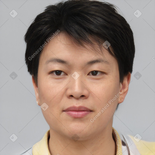 Joyful asian young-adult female with short  brown hair and brown eyes