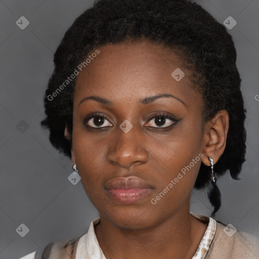 Neutral black young-adult female with short  black hair and brown eyes