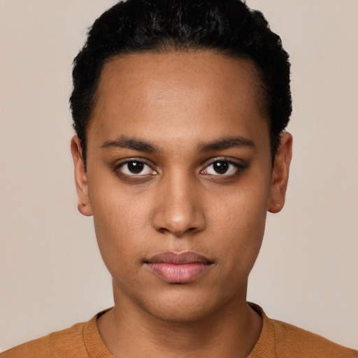 Neutral latino young-adult female with short  black hair and brown eyes