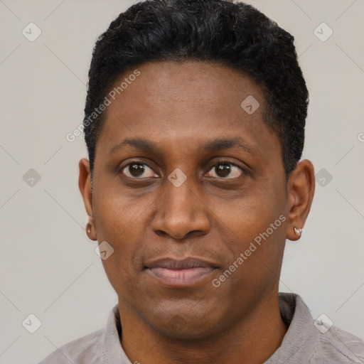Neutral black adult male with short  black hair and brown eyes